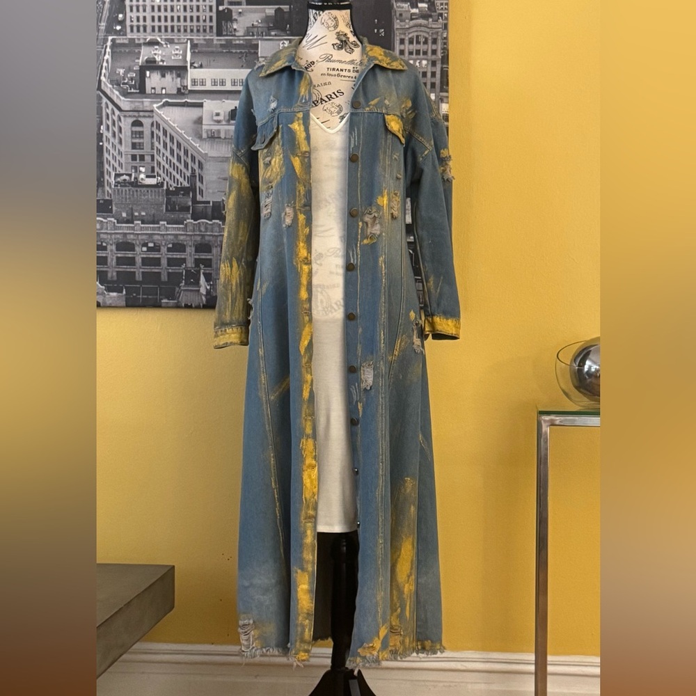 Distressed Hand-Painted Denim Maxi Duster Jacket w. Gold Finish